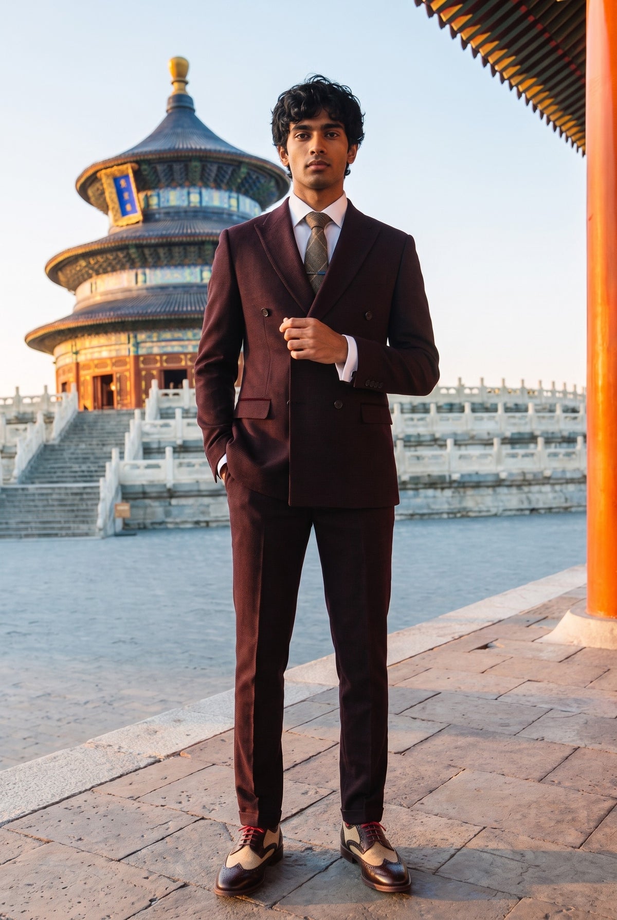 Look #641 styled with Regent - Herrkostym i vinröd, 2-delad dubbelknäppt