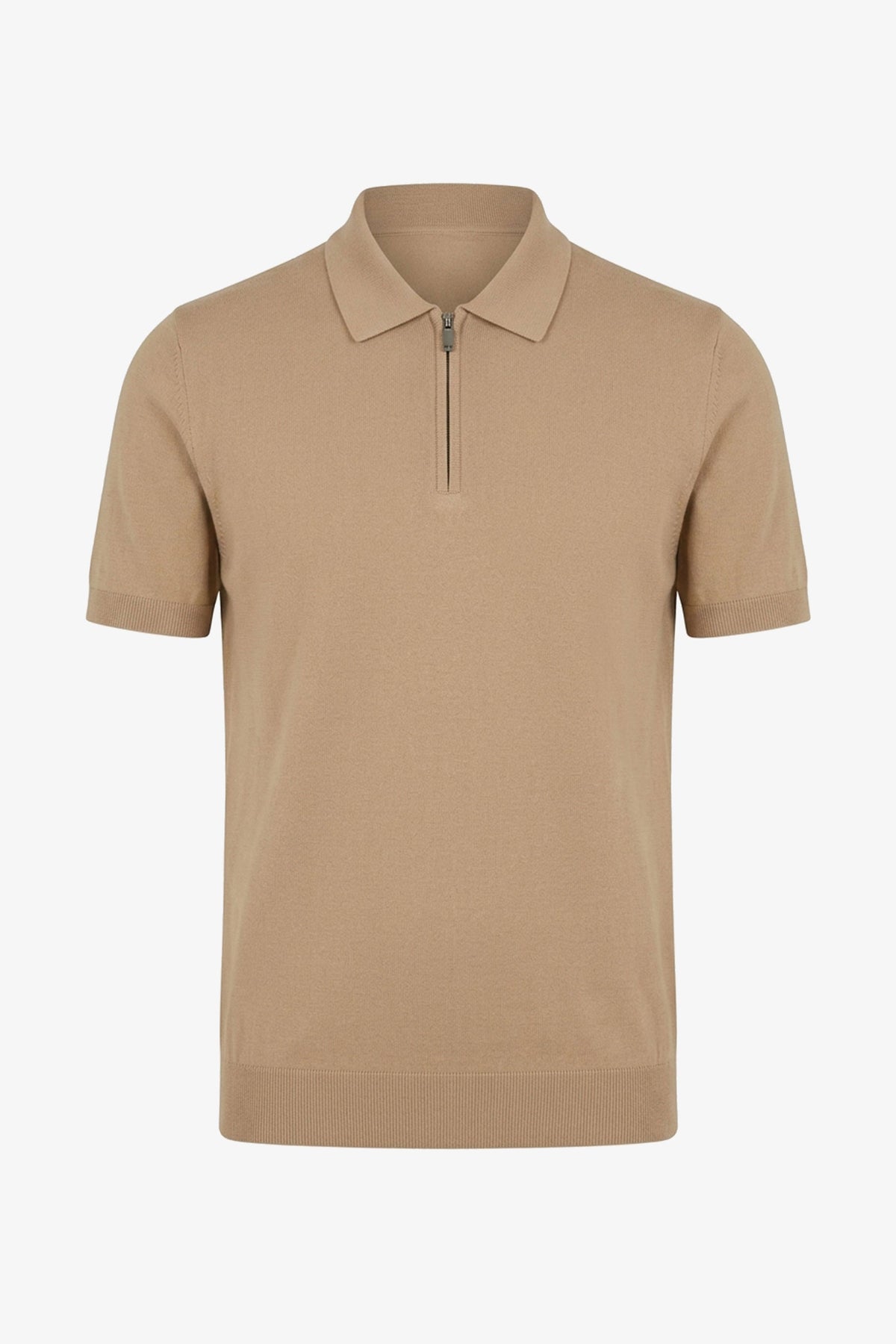 Beige stickad pikétröja med dragkedja för män