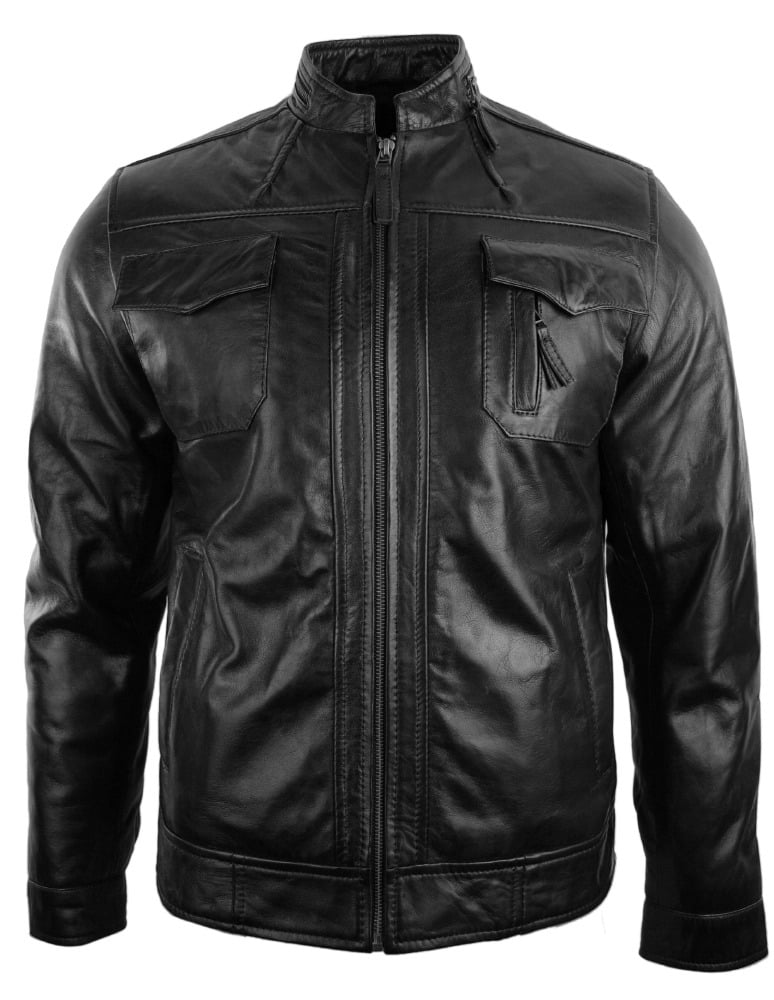 Äkta läderjacka i bikerstil, vintage, svart, dragkedja, casual, figurnära för män