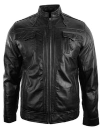 Äkta läderjacka i bikerstil, vintage, svart, dragkedja, casual, figurnära för män
