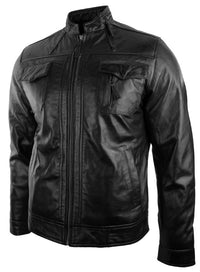 Äkta läderjacka i bikerstil, vintage, svart, dragkedja, casual, figurnära för män