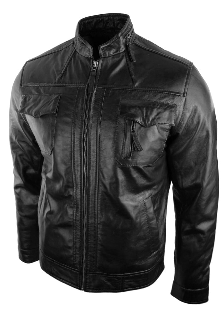 Äkta läderjacka i bikerstil, vintage, svart, dragkedja, casual, figurnära för män