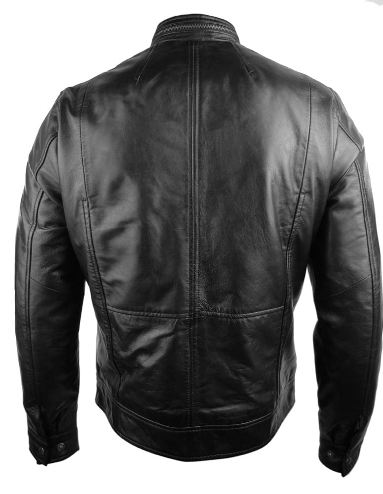 Äkta läderjacka i bikerstil, vintage, svart, dragkedja, casual, figurnära för män