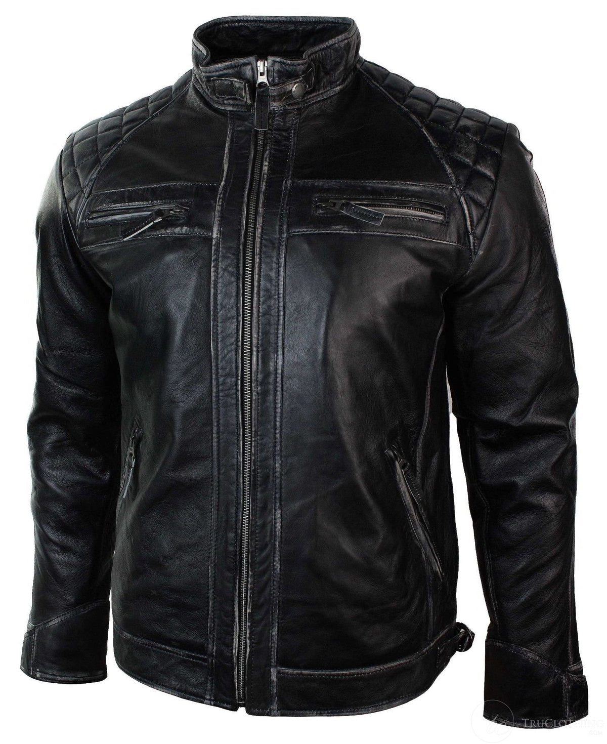 Äkta läder retro stil dragkedja herr bikerjacka mjuk svart vintage look