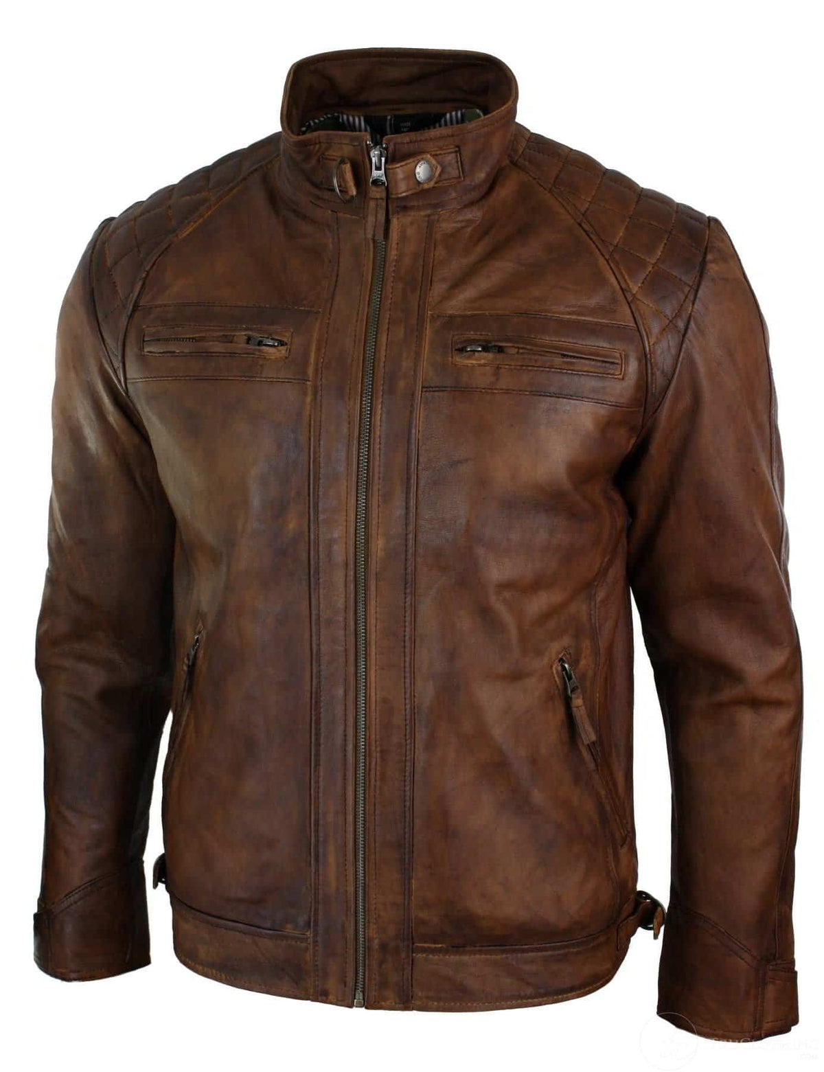 Äkta läder retrostil med dragkedja för män Bikerjacka i mjukt trä och vintage-look