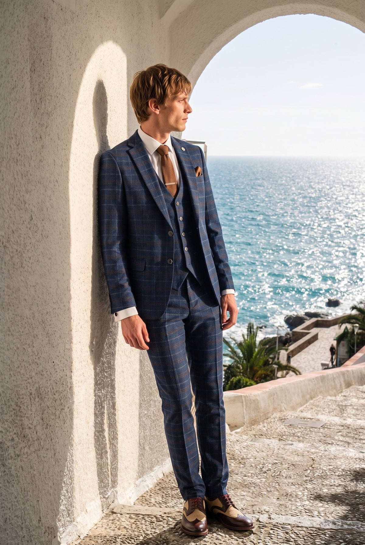 Look #936 styled with Marinblå rutig 3-delad kostym för män - Paul Andrew Kenneth