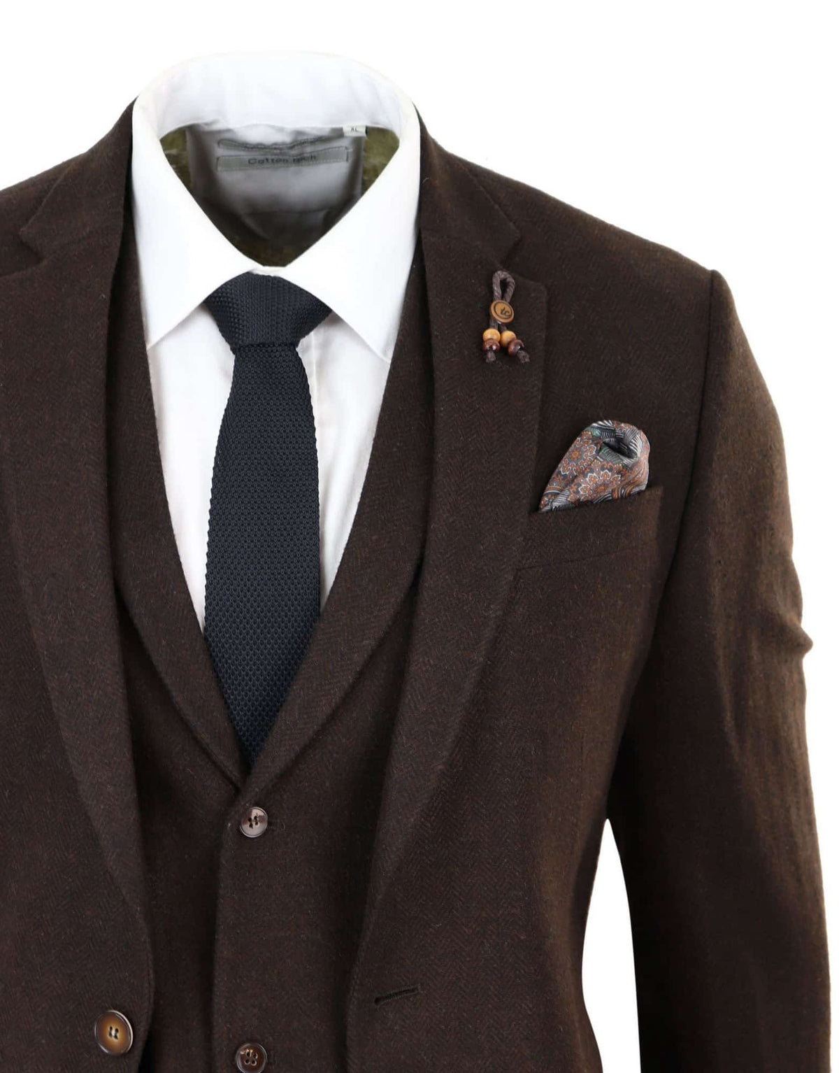 Brun fiskbensmönstrad tweed 3-delad kostym