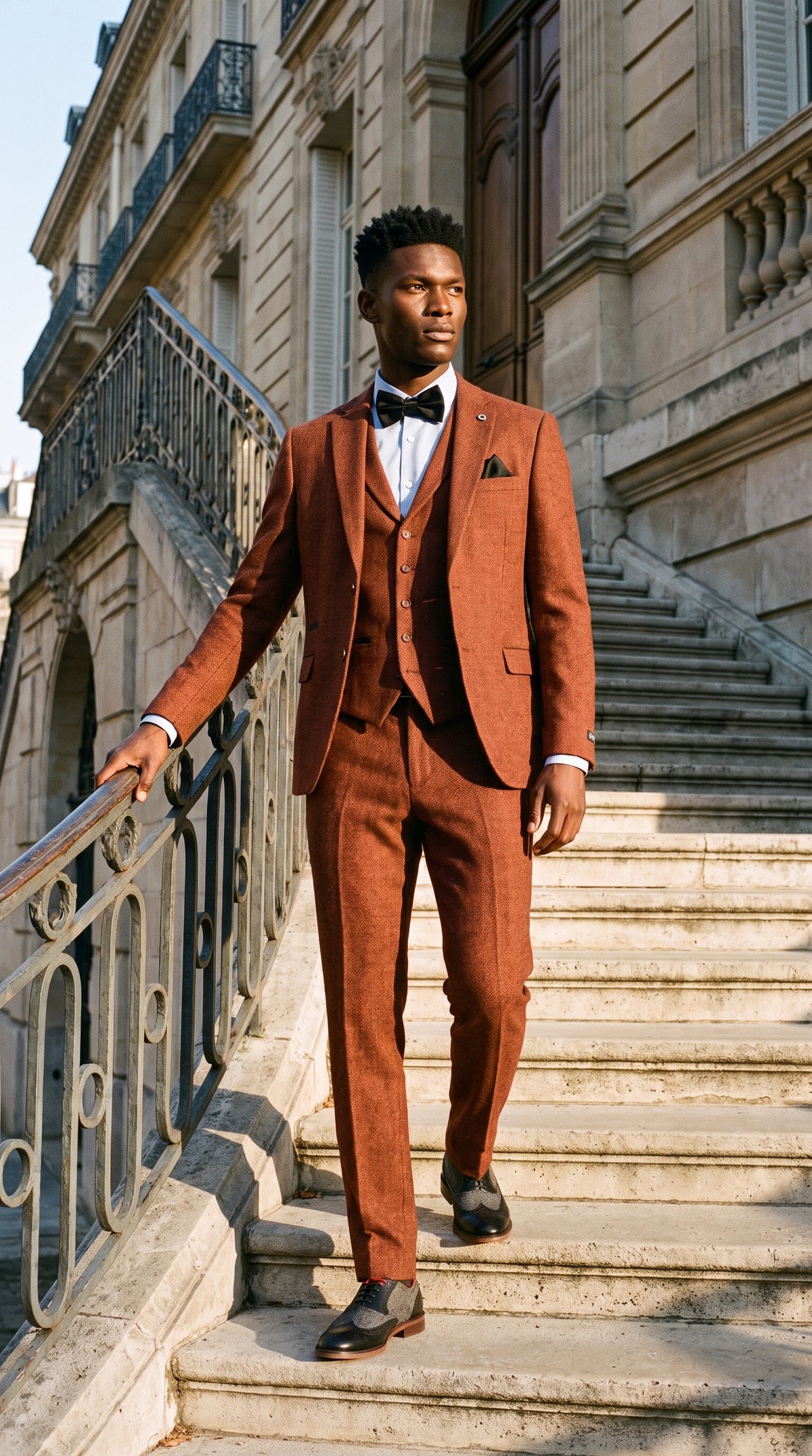 Look #279 styled with Rostfärgad fiskbensmönstrad tweed 3-delad kostym