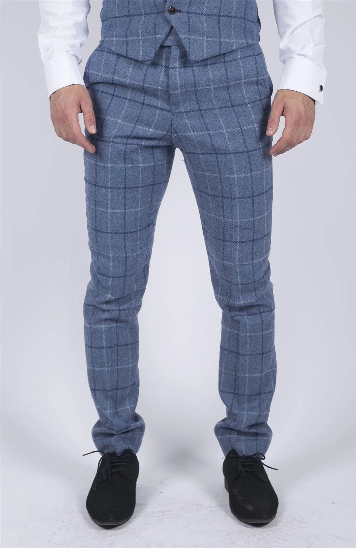 Marc Darcy Ljusblå Marinblå Rutiga Byxor Herr Smart Casual Tweed Slim Fit Clinton