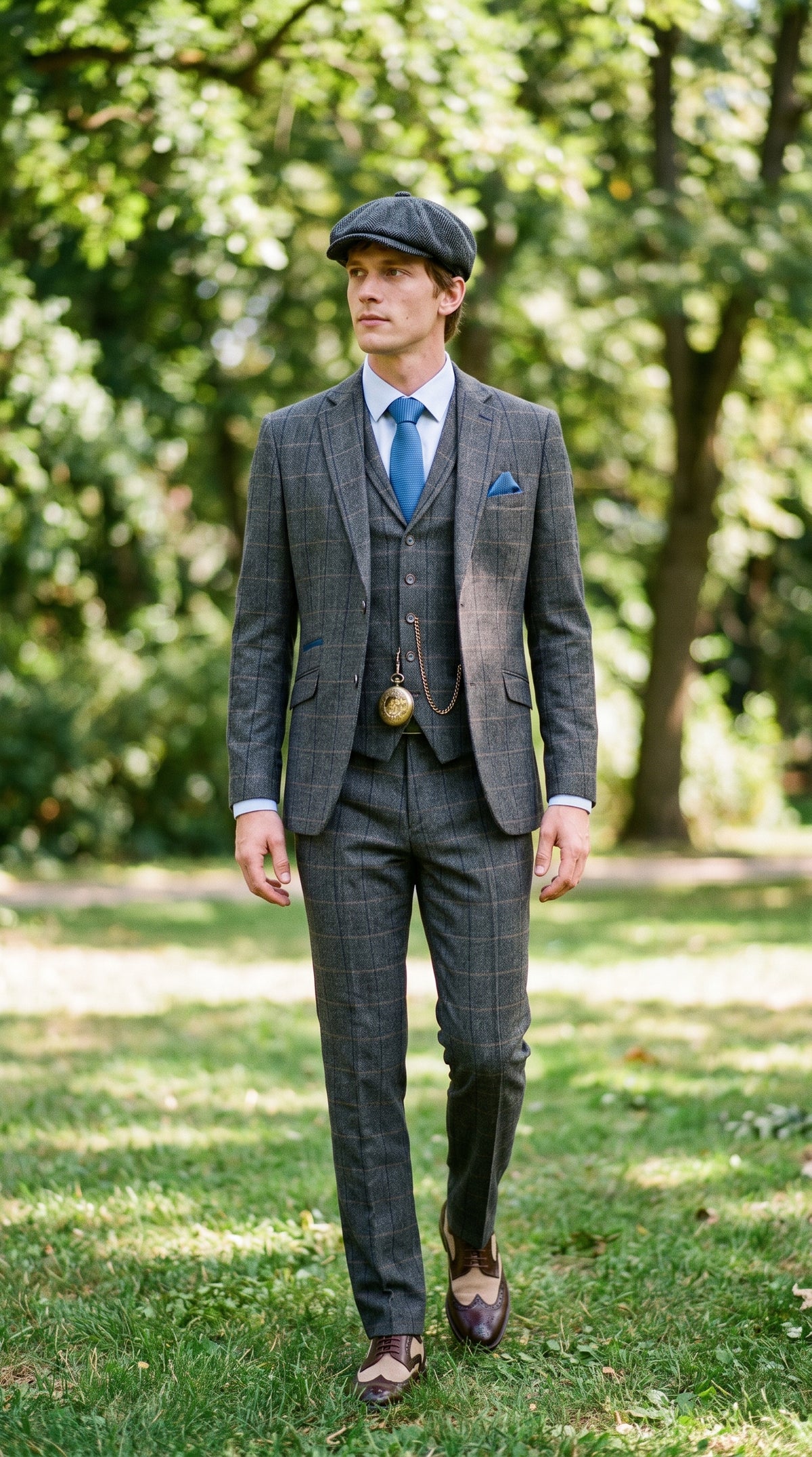 Look #132 styled with Cavani Albert - Herrkostym i Fiskbensmönstrad Tweedrutig Tredelad Kostym - Antracitgrå
