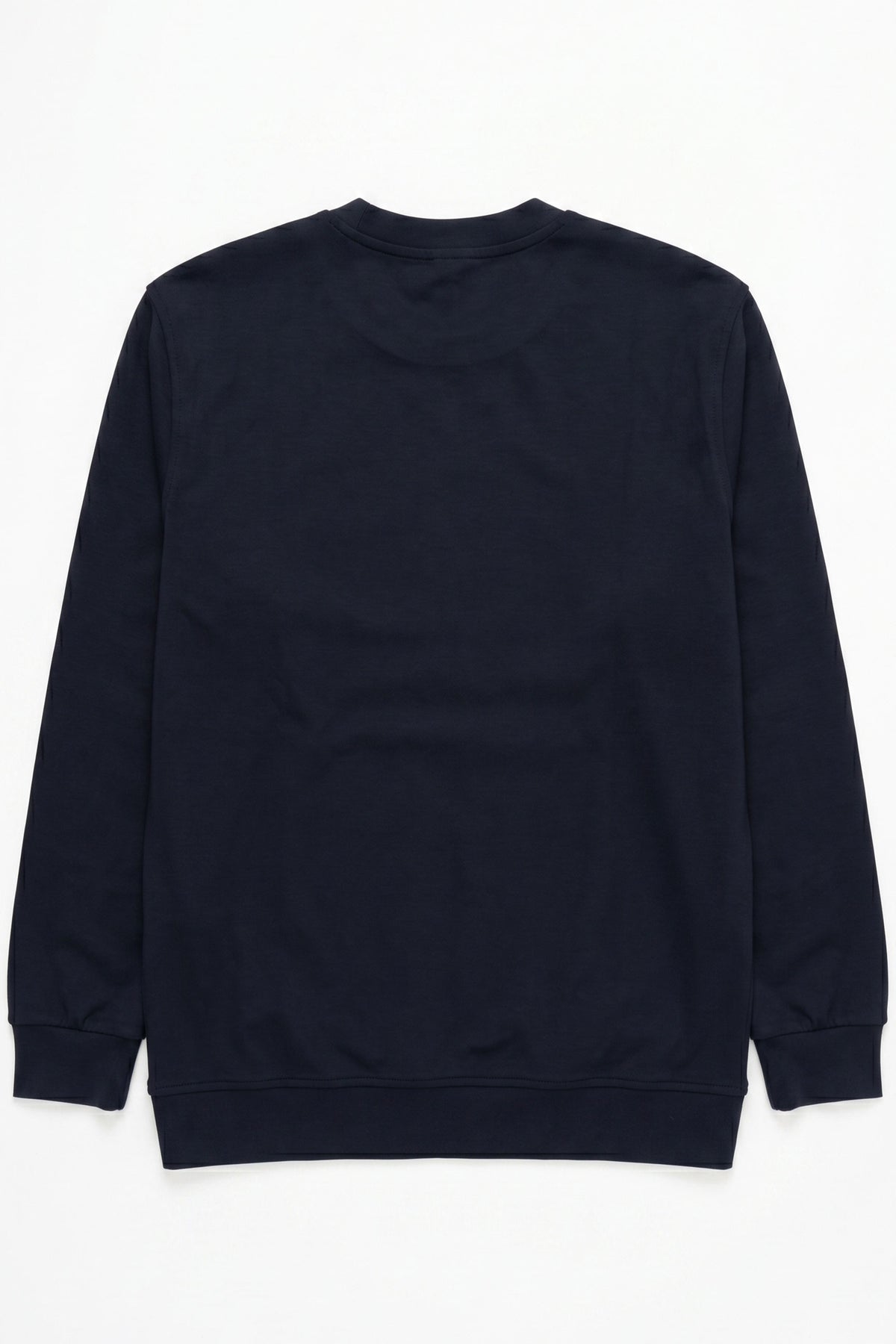 Marinblå herrtröja med rund hals och långärmad stretchig pullover i bomullsblandning