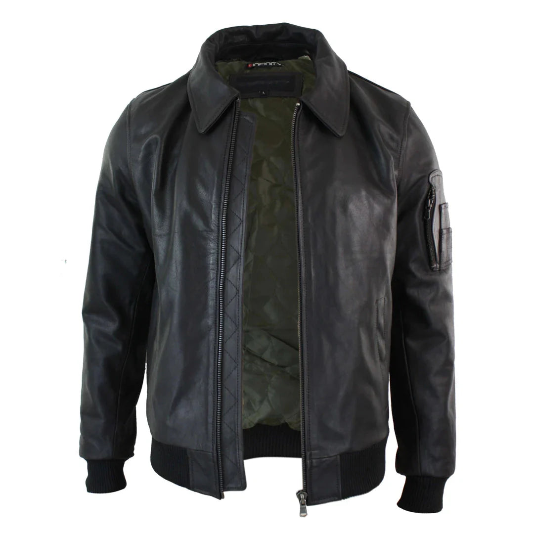 Herr Harrington brun bomberjacka i läder med klassisk pilotmotiv