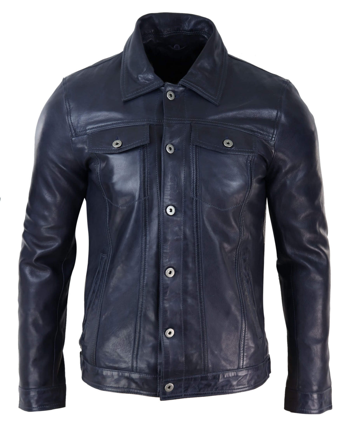 Herrjeansjacka i äkta läder med pälskrage, retro vintage, klassisk, marinblå, casual