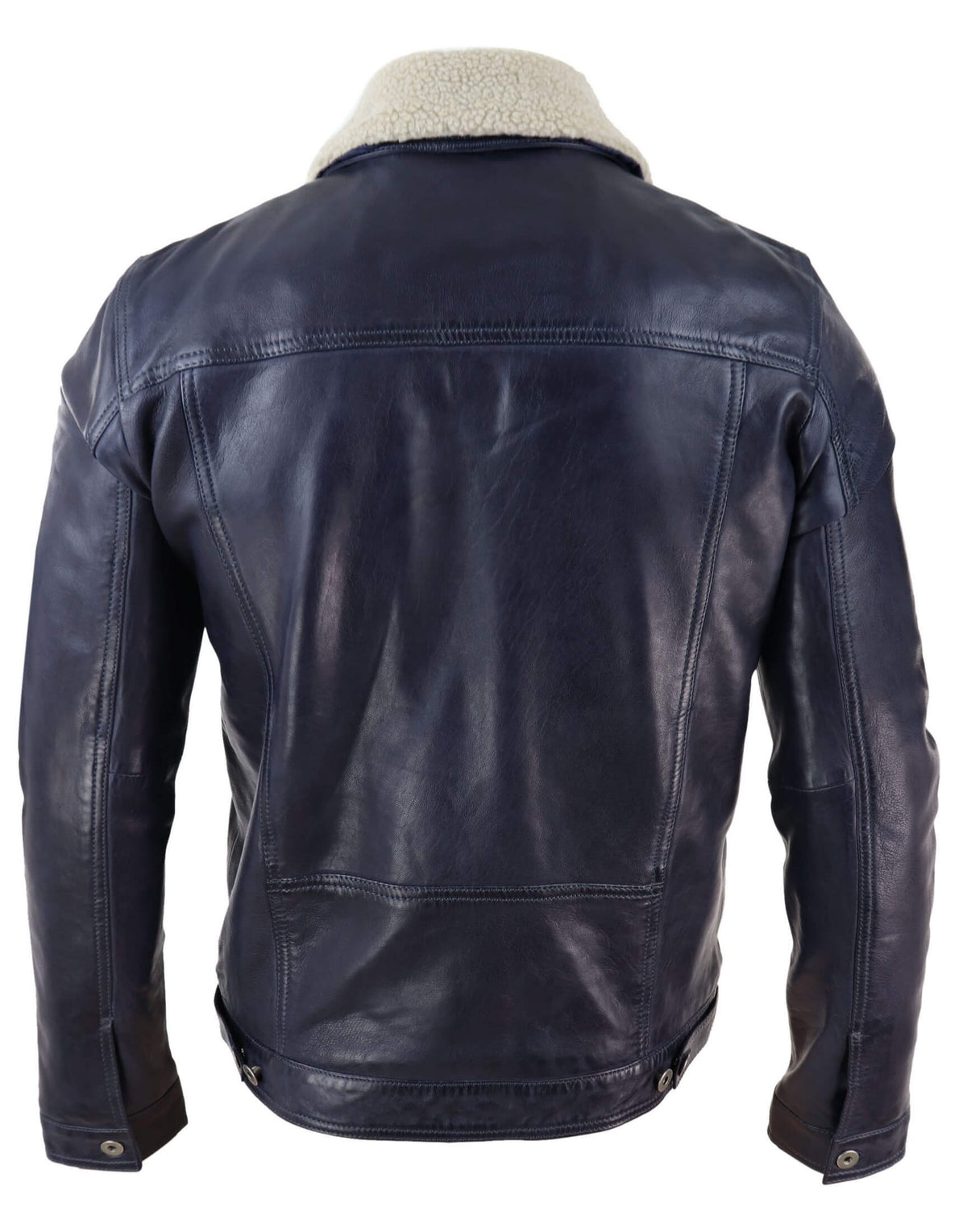 Herrjeansjacka i äkta läder med pälskrage, retro vintage, klassisk, marinblå, casual
