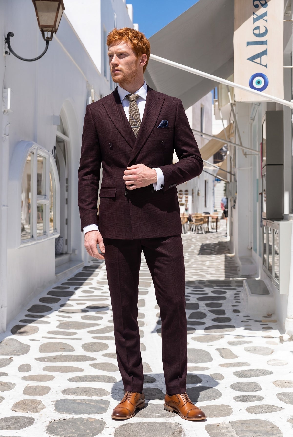 Look #732 styled with Regent - Herrkostym i vinröd, 2-delad dubbelknäppt