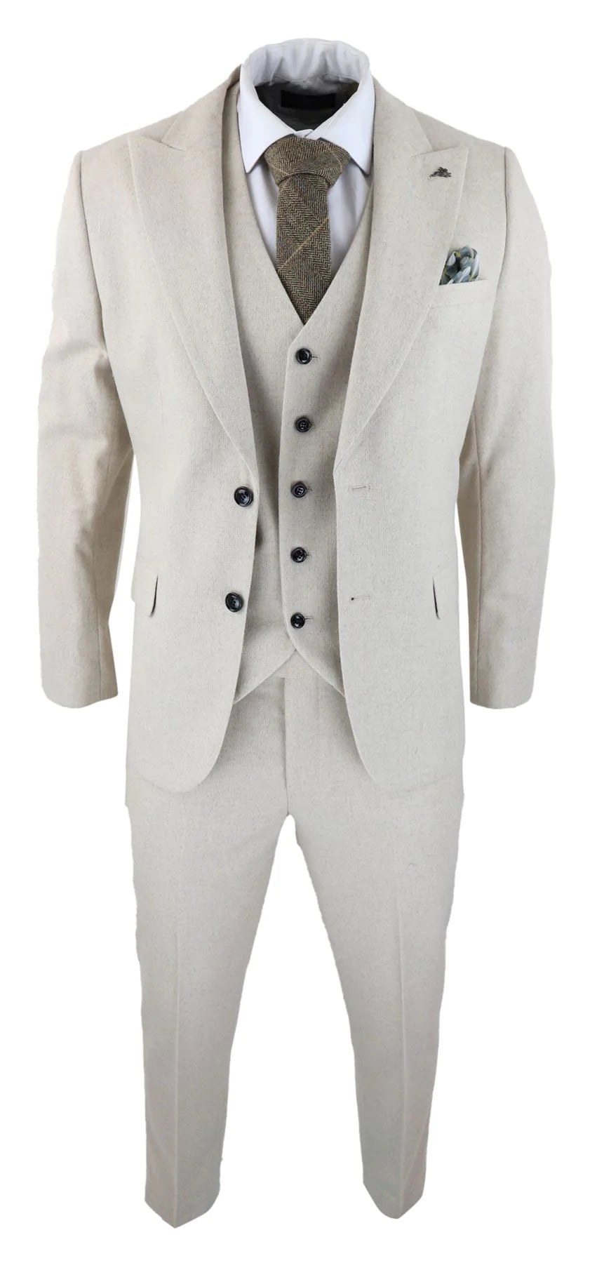 Herrkostym i ull, 3 delad krämbeige, slim fit, klassisk, bröllopsfest, vintage, 1920-tal