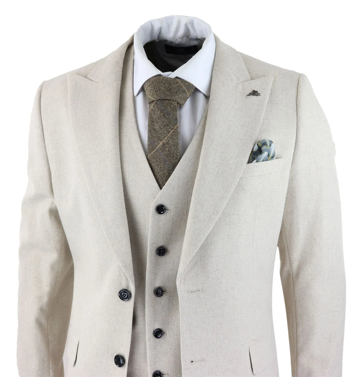 Herrkostym i ull, 3 delad krämbeige, slim fit, klassisk, bröllopsfest, vintage, 1920-tal