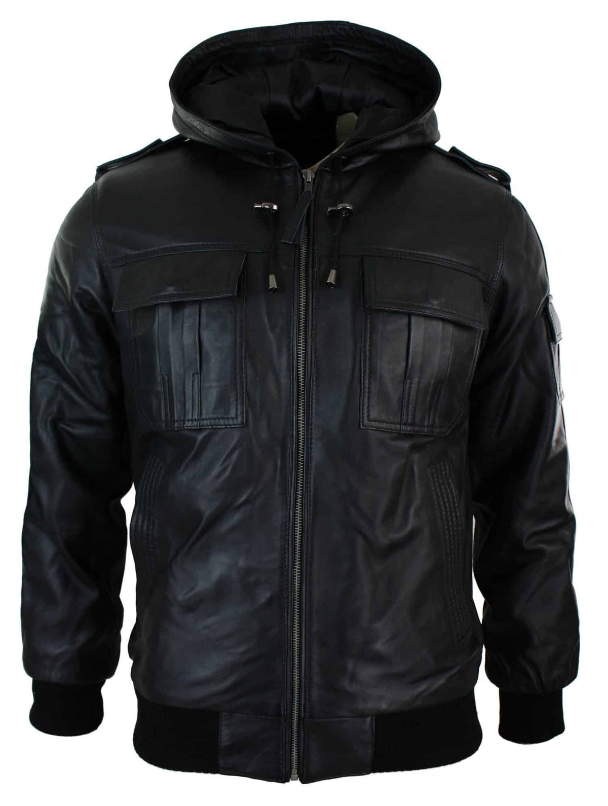 Infinity 661 Herrjacka i Äkta Napa Läder med Huva, Svart Bomberjacka i Slim Fit