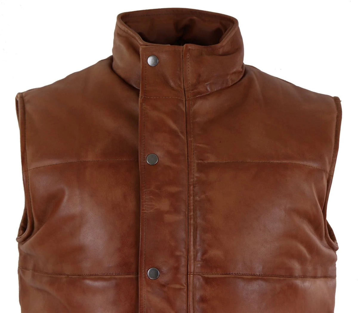 Herrväst i äkta läder, quiltad, vadderad design, varm dragkedja, casual, brun