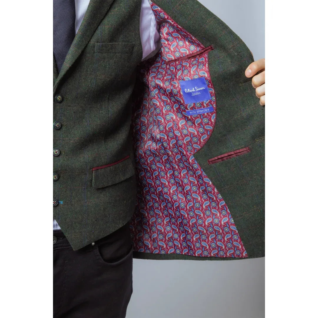 Joshua herrkostym i 3 delar, grön tweed, smal passform