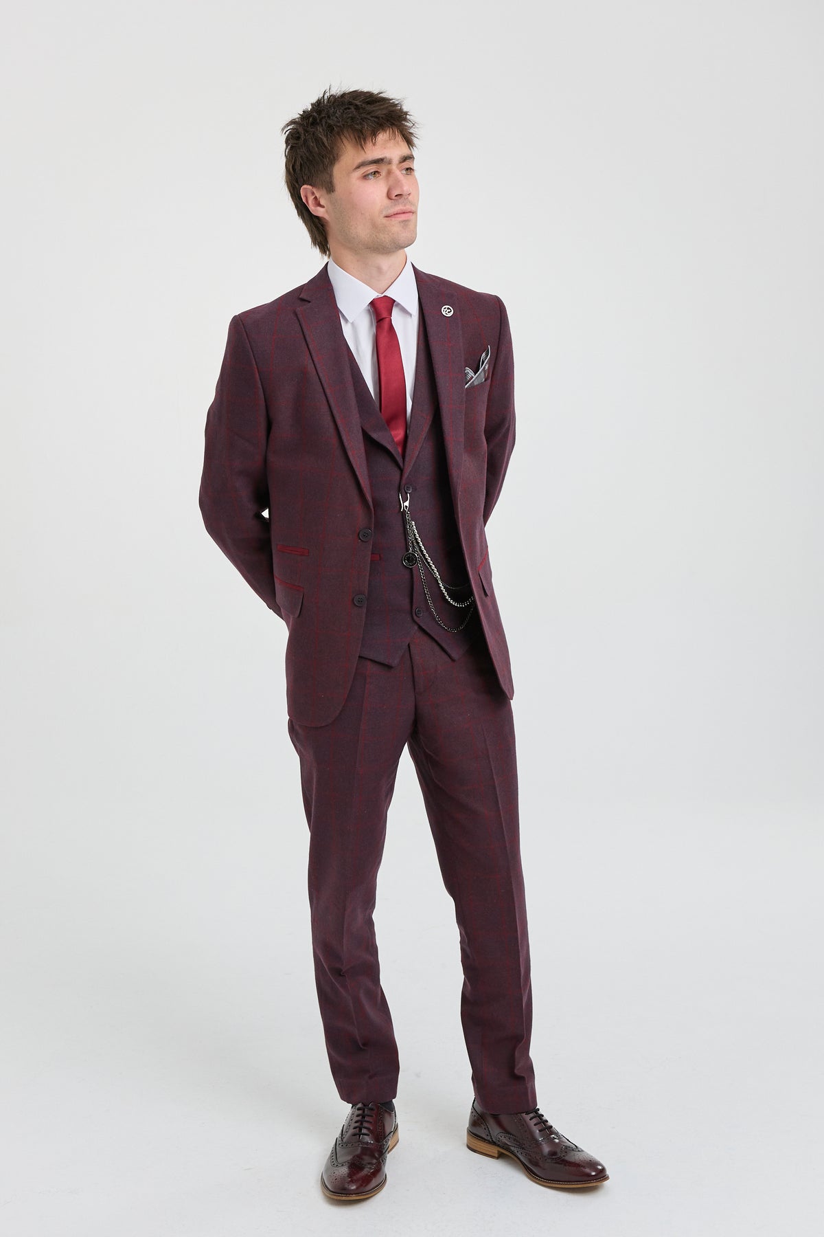 Herrkostym i ull, tweed, plommon, vinröd, 1920-tals Gatsby