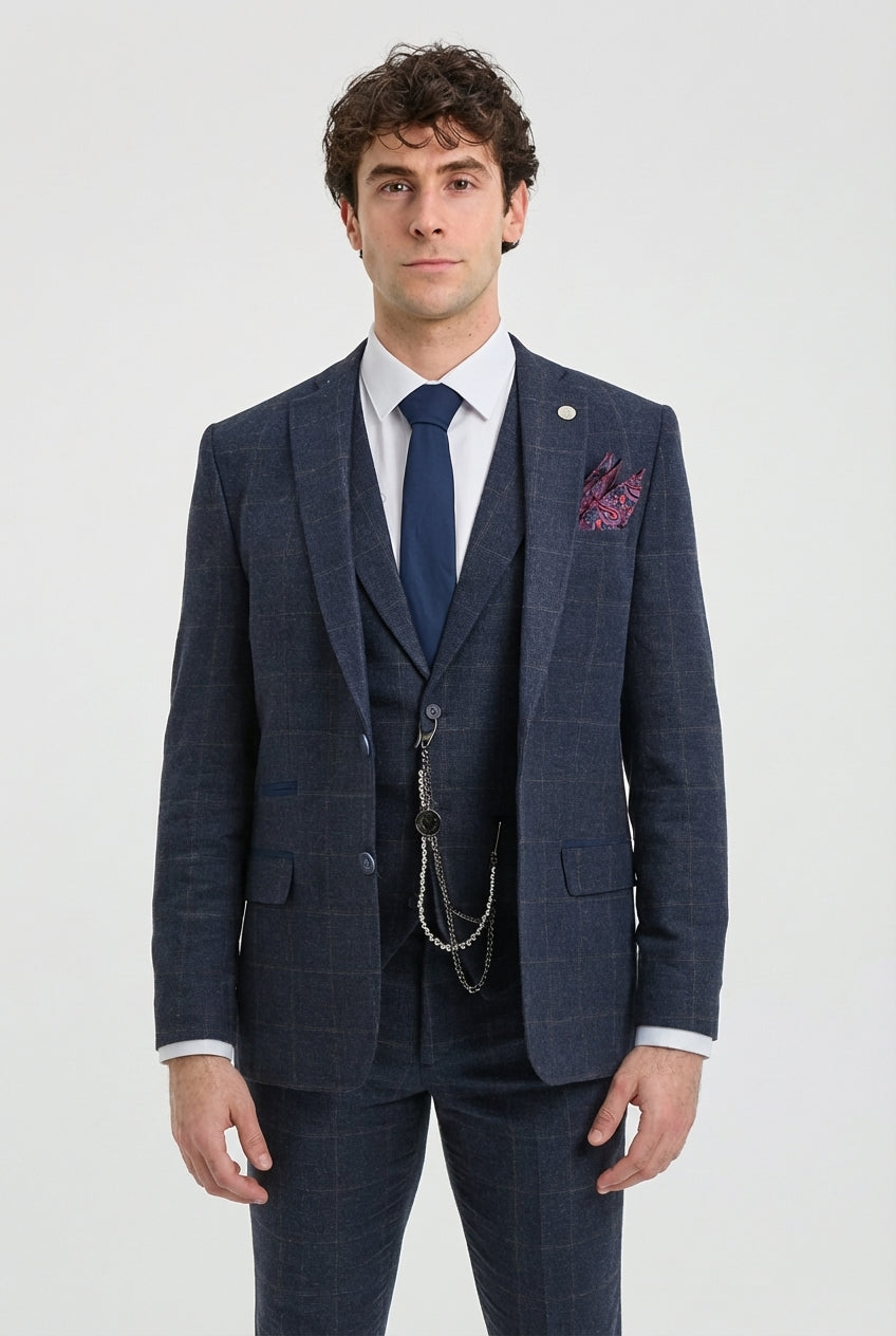 Herrkostym i ull, tweed, marinblå, brunrutig, 1920-tals Gatsby