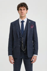 Herrkostym i ull, tweed, marinblå, brunrutig, 1920-tals Gatsby