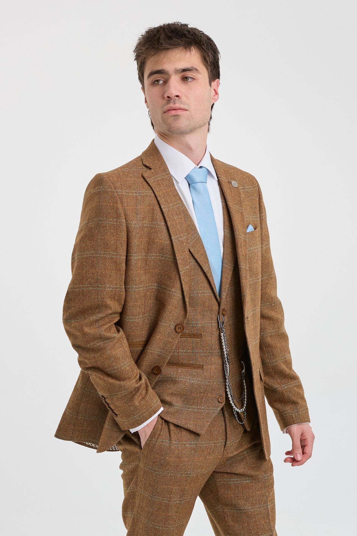 Herrkostym i ull, tweed, fiskbensmönster, brun, blårutig, 1920-tals Gatsby