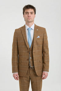 Herrkostym i ull, tweed, fiskbensmönster, brun, blårutig, 1920-tals Gatsby