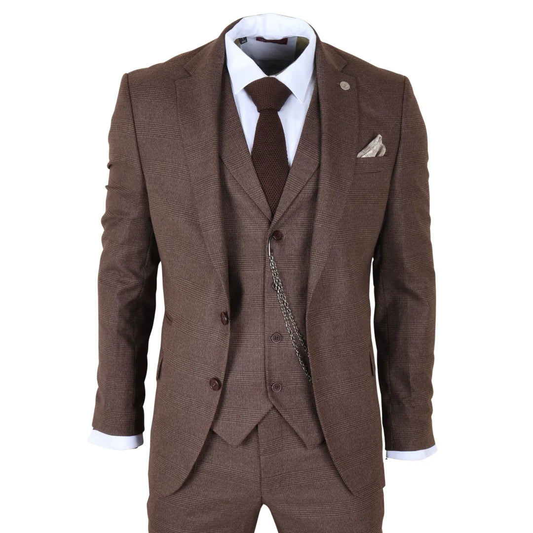 TP-50 - Herrbrun 3-delad rutig kostym med Prince of Wales-motiv