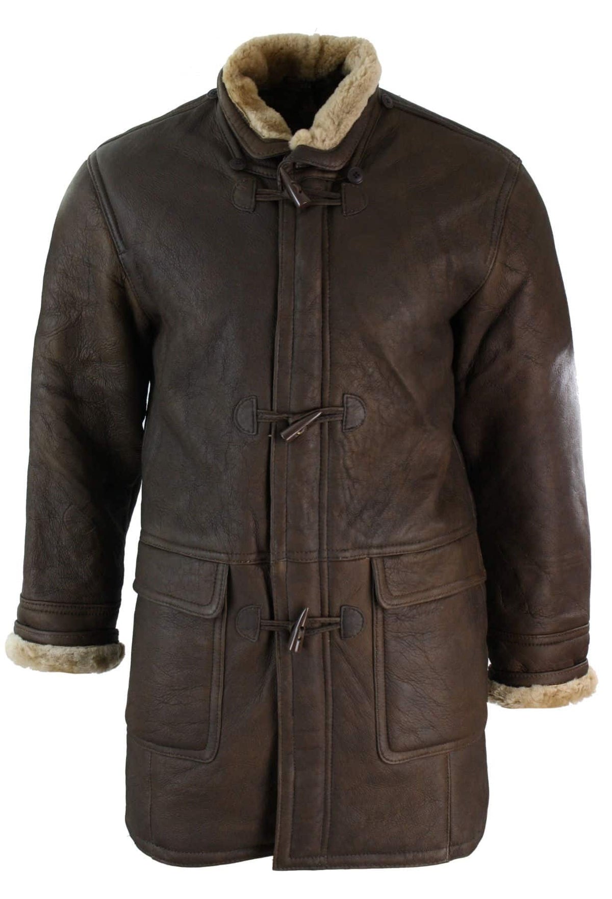 Herr Vinterjacka i Äkta Fårskinnsläder med Duffel Safari Brun & Krämfärgad Huva Vintage-B3 Brun Ingefära