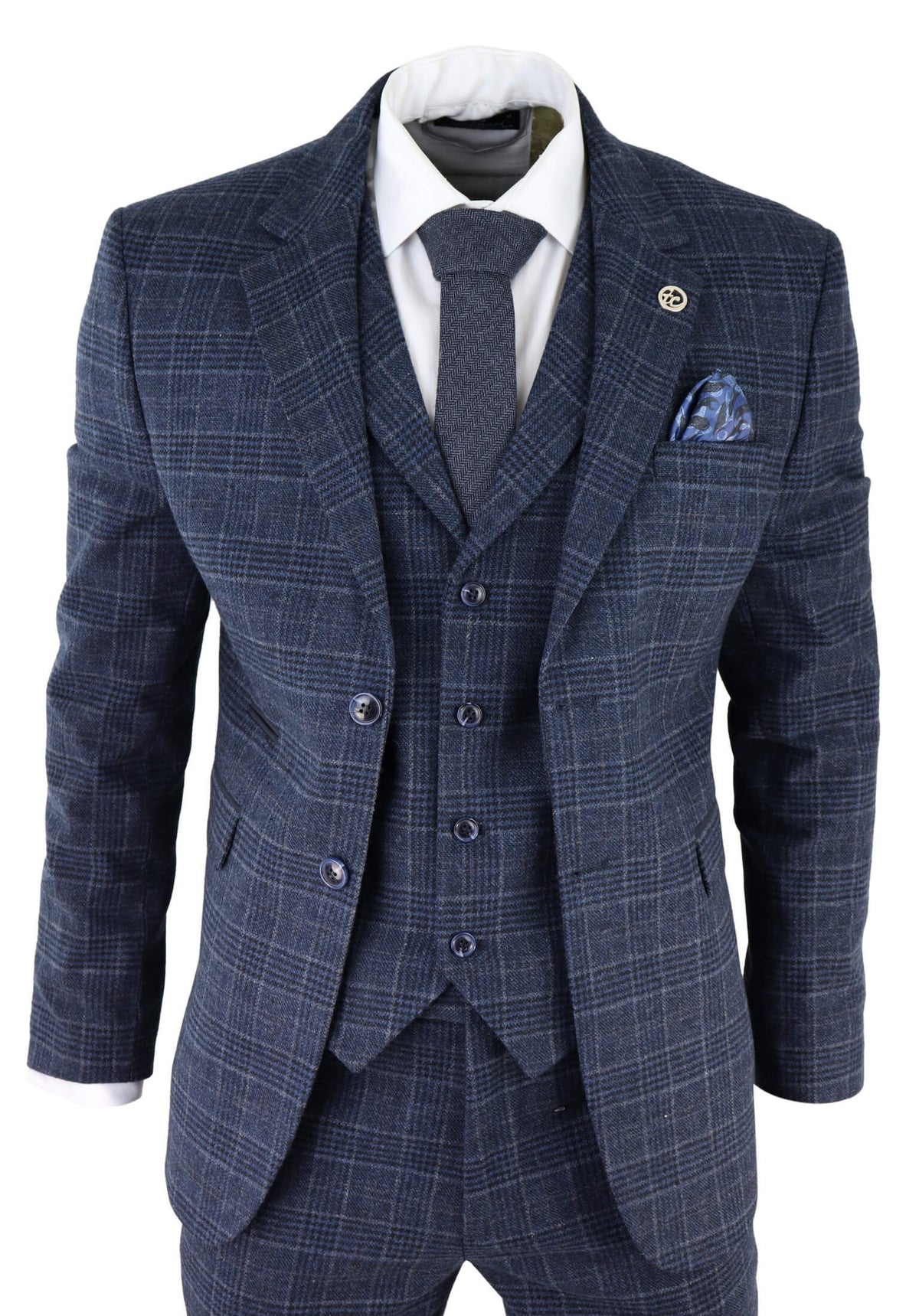 Herrkostym med blå rutig tartan, tre delar