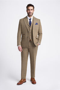 Cavani Albert - Herrkostym i fiskbensmönstrad tweedrutig 3-delad kostym - Beige