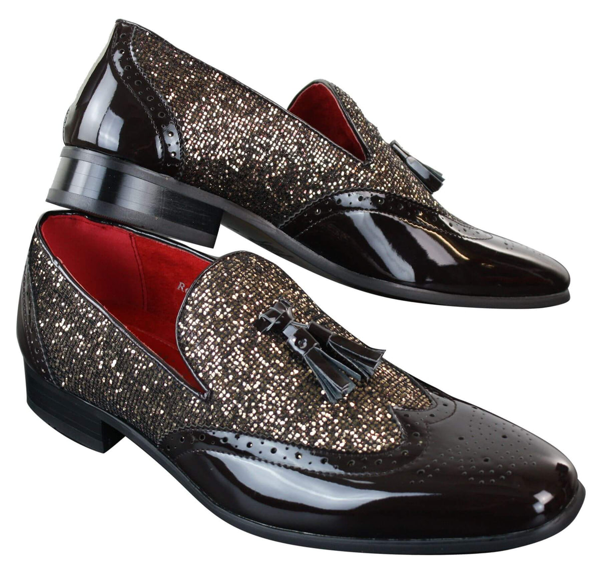 Eleganta Herrskor med Glänsande Tofsar Röda Silver Svarta Slip-On i Lackläder