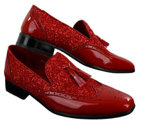 Eleganta Herrskor med Glänsande Tofsar Röda Silver Svarta Slip-On i Lackläder