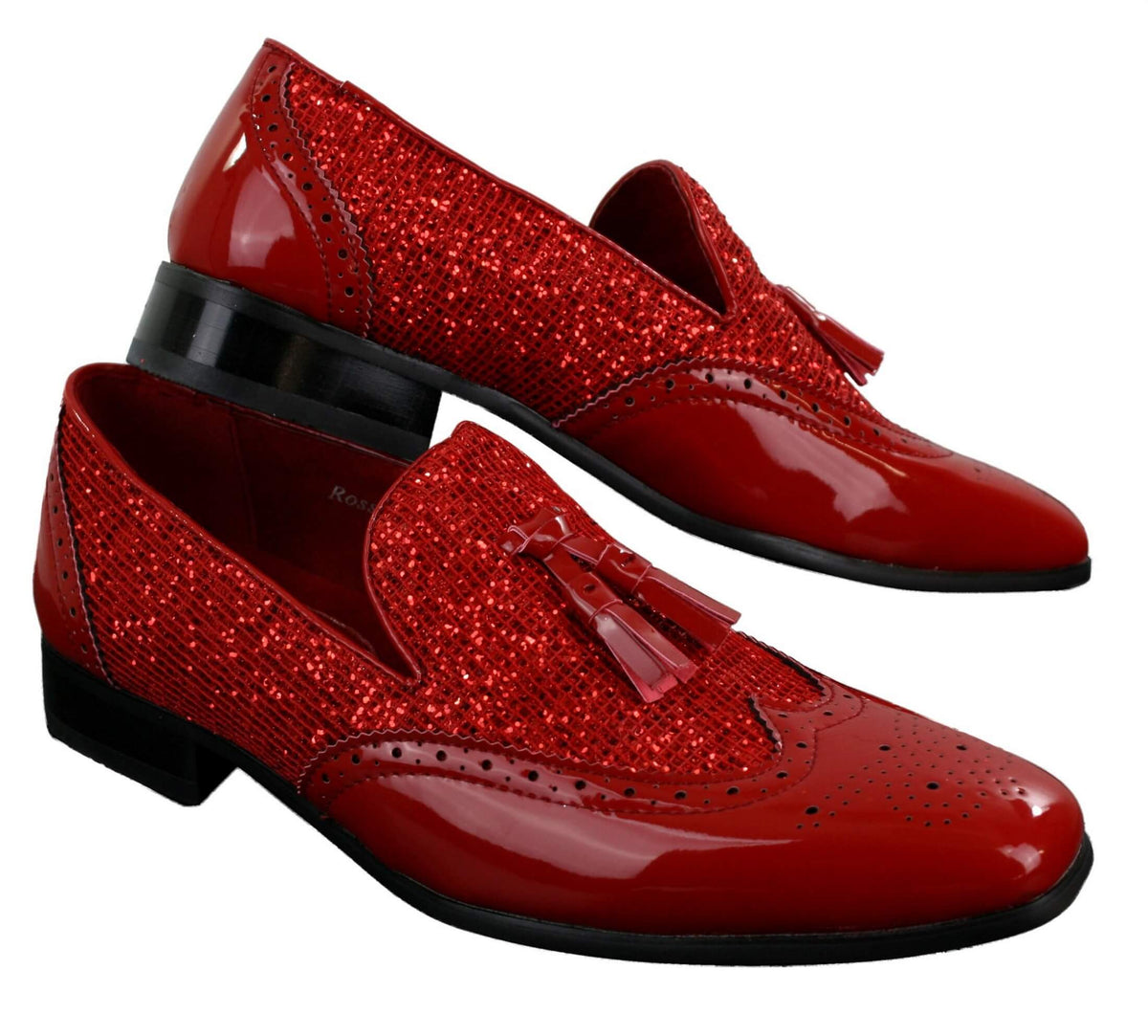 Eleganta Herrskor med Glänsande Tofsar Röda Silver Svarta Slip-On i Lackläder