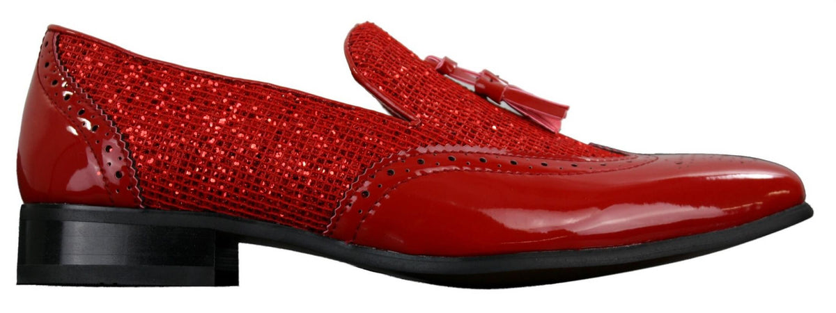 Eleganta Herrskor med Glänsande Tofsar Röda Silver Svarta Slip-On i Lackläder