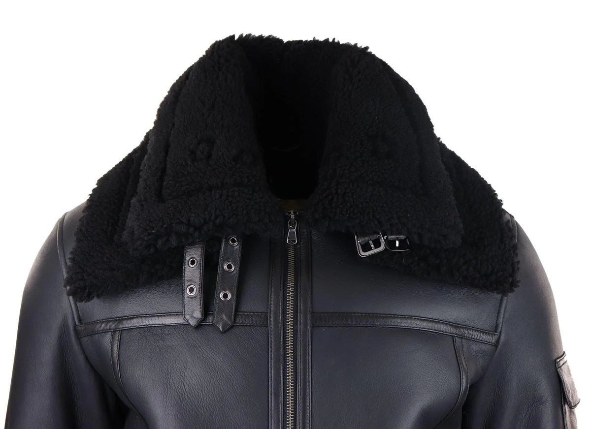 Herr Shearling Fårskinnskappa med Dragkedja Flygjacka Svart Vinter Varm Päls