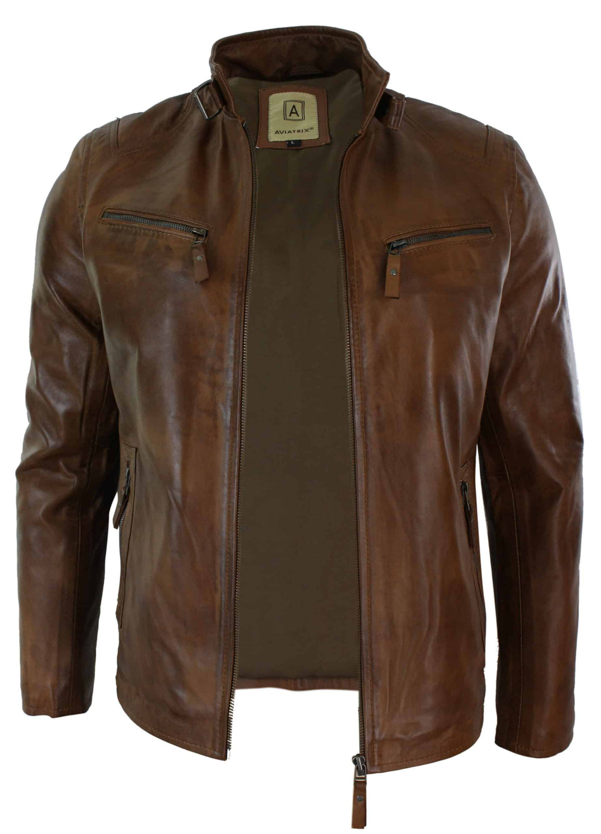 Äkta Läderjacka i Bikerstil, Vintage, Svart, Dragkedja, Fickor, Casual, Figursydd för Herrar - Brun