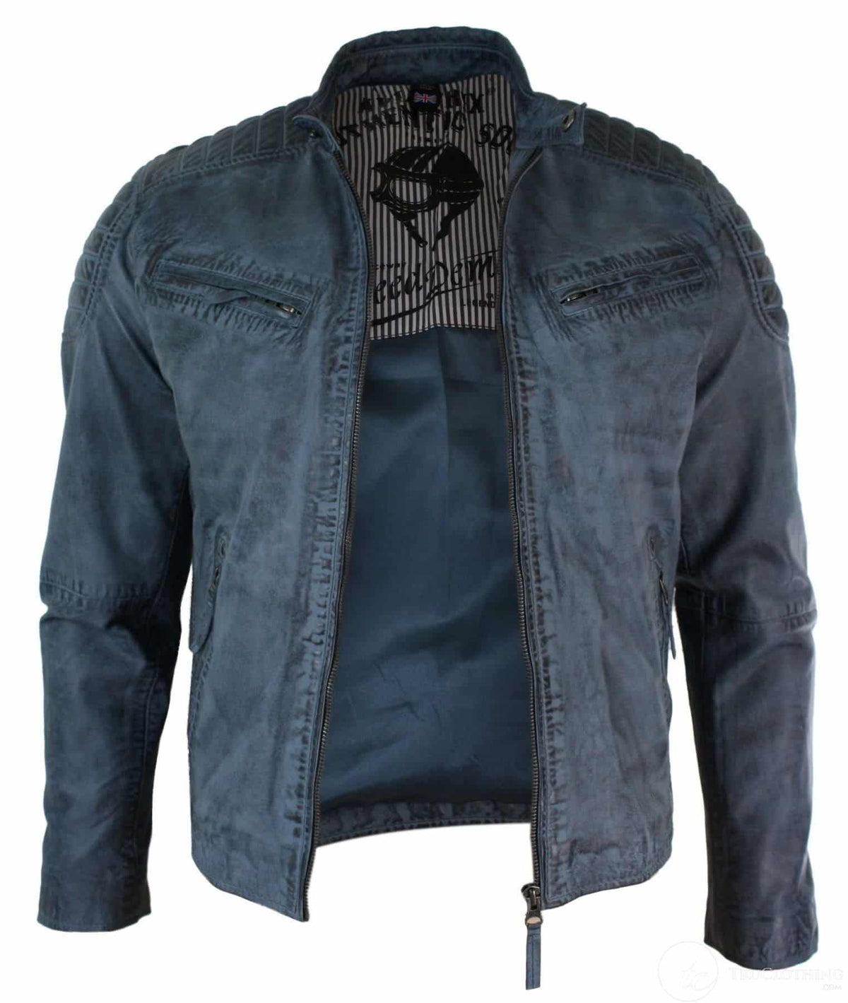 Äkta tvättat läder slim fit retrostil med dragkedja herr bikerjacka brunblå urban-zulublå