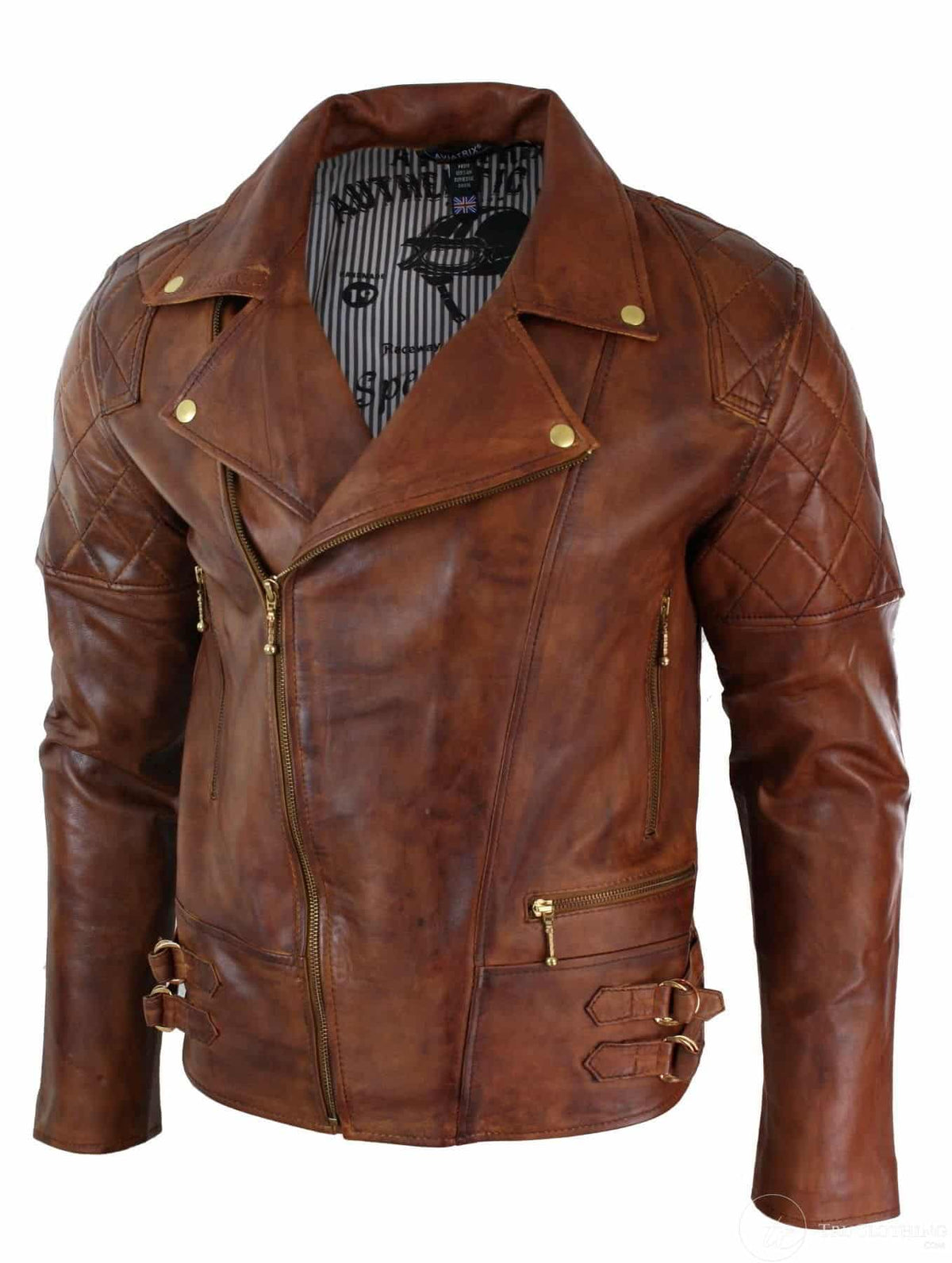 Äkta Läder Slim Fit Cross Dragkedja Retro Vintage Brun Biker Punk Rock Herrjacka-Nevada Timber