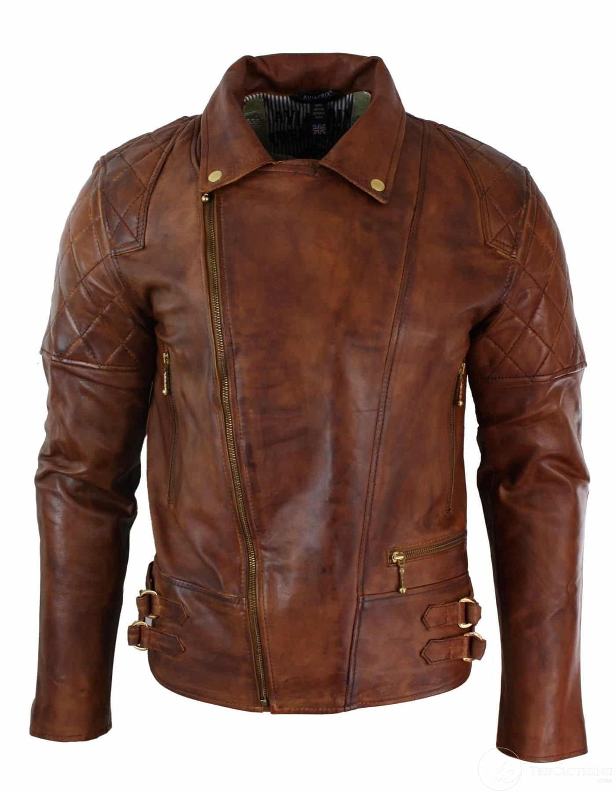 Äkta Läder Slim Fit Cross Dragkedja Retro Vintage Brun Biker Punk Rock Herrjacka-Nevada Timber