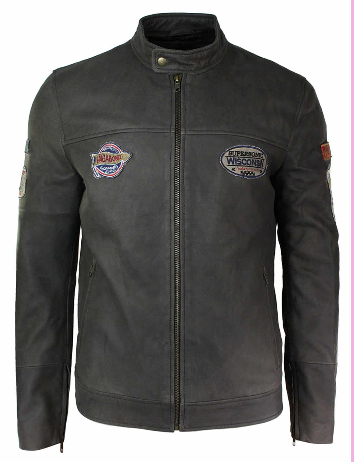 Äkta läder Vintage brun Racer Badge herr bikerjacka tvättad sliten slim fit