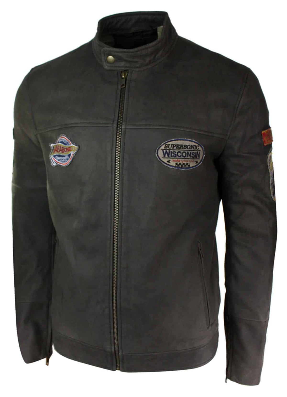 Äkta läder Vintage brun Racer Badge herr bikerjacka tvättad sliten slim fit