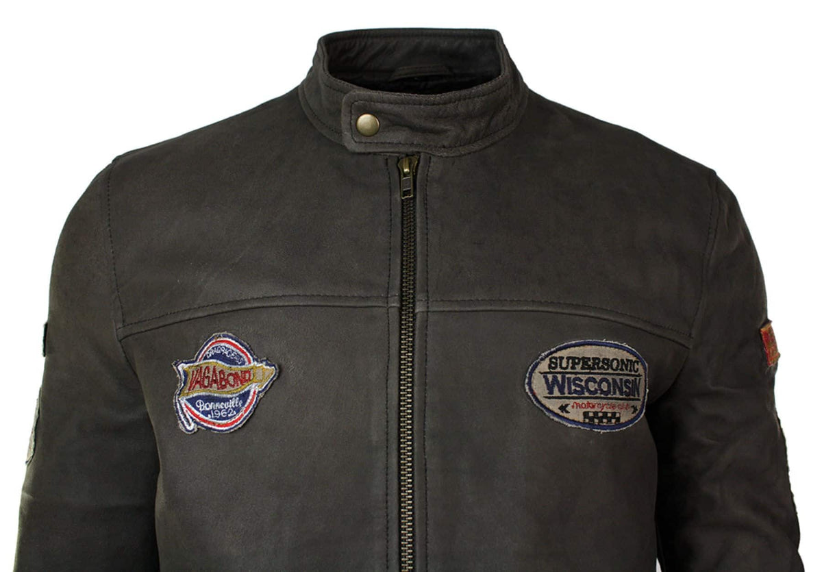 Äkta läder Vintage brun Racer Badge herr bikerjacka tvättad sliten slim fit