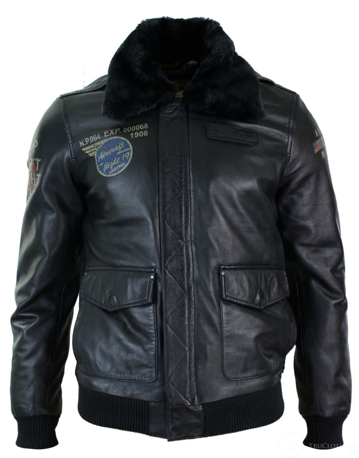 Herrjacka i äkta läder, svart, pilotjacka med pälskrage, slim fit och bomberjacka