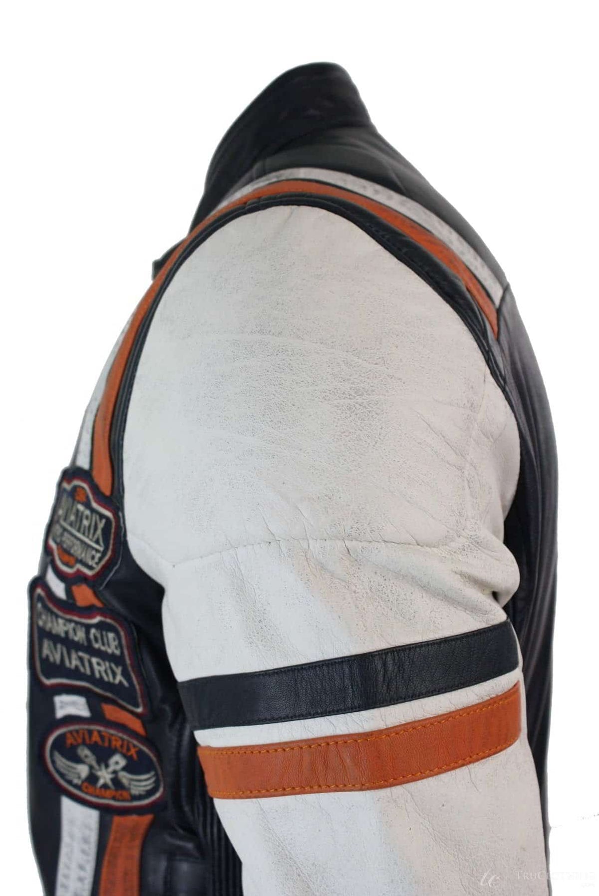 Äkta läder Retro Vintage Marinblå Vit Herr Bikerjacka Märke Design Casual