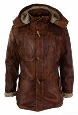 Herrjacka med huva i äkta läder, safari, lång, 3/4-dels päls, tvättad, brun, beige, Nevada Timber