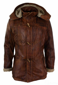 Herrjacka med huva i äkta läder, safari, lång, 3/4-dels päls, tvättad, brun, beige, Nevada Timber