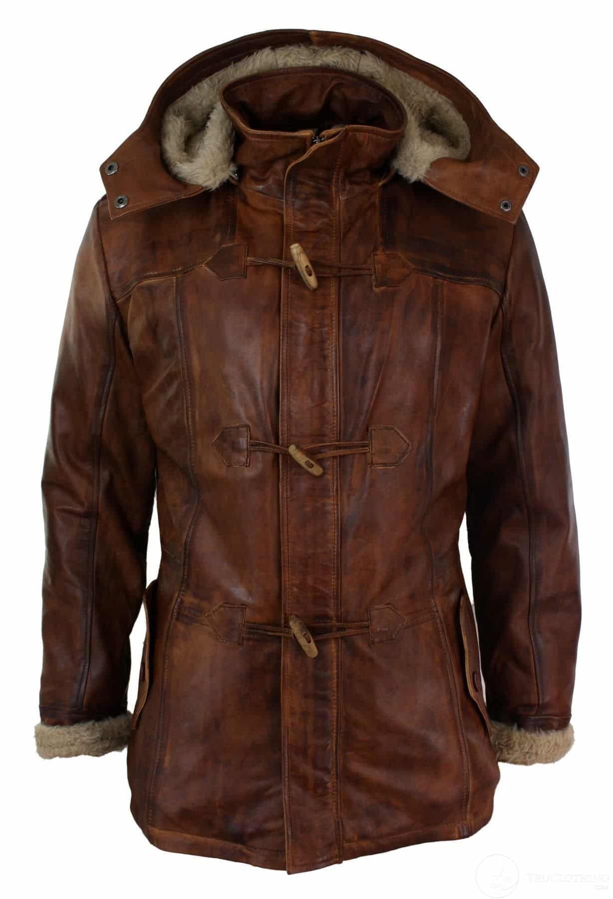 Herrjacka med huva i äkta läder, safari, lång, 3/4-dels päls, tvättad, brun, beige, Nevada Timber